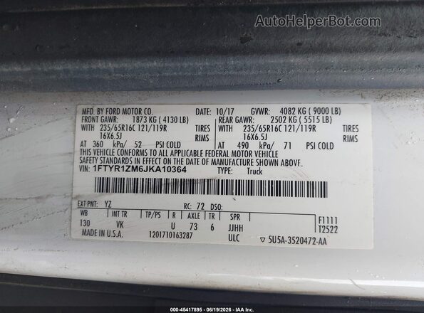 1FTYR1ZM6JKA10364 2018 FORD TRANSIT-250 White ძრავის განყოფილების ხედი