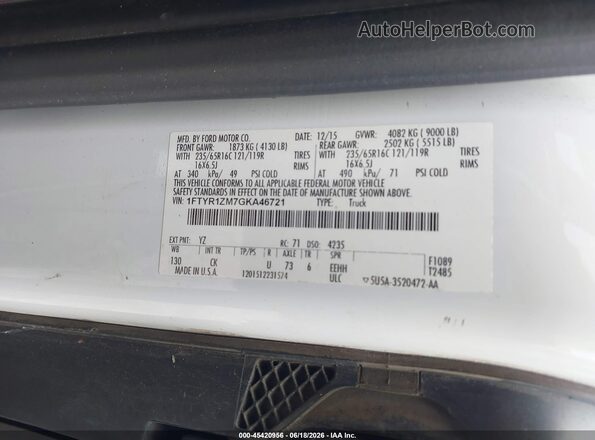 1FTYR1ZM7GKA46721 2016 FORD TRANSIT-250 White ძრავის განყოფილების ხედი