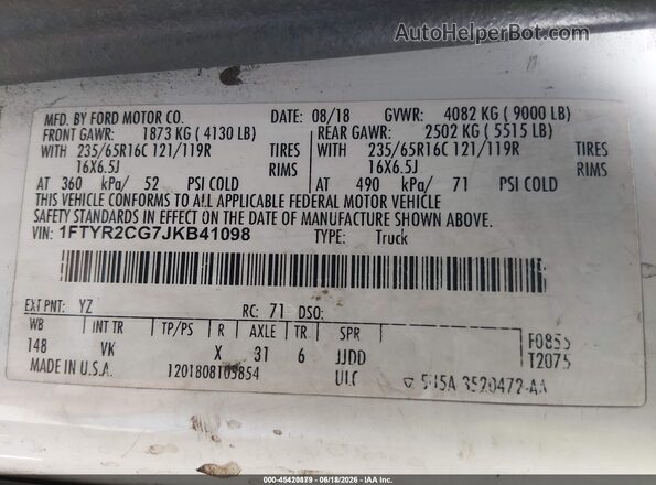1FTYR2CG7JKB41098 2018 FORD TRANSIT-250  