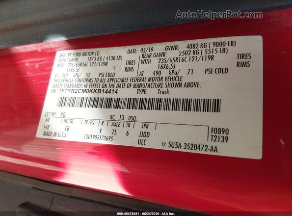 1FTYR2CM0KKB14414 2019 FORD TRANSIT-250 Red Շարժիչի բաժամունքի տեսք
