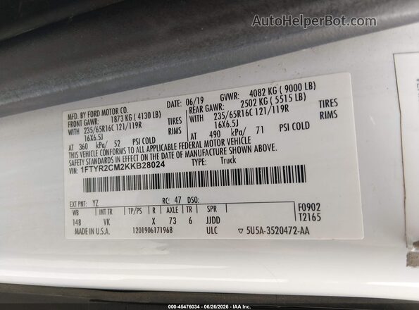1FTYR2CM2KKB28024 2019 FORD TRANSIT-250 White Vista del compartimento del motor