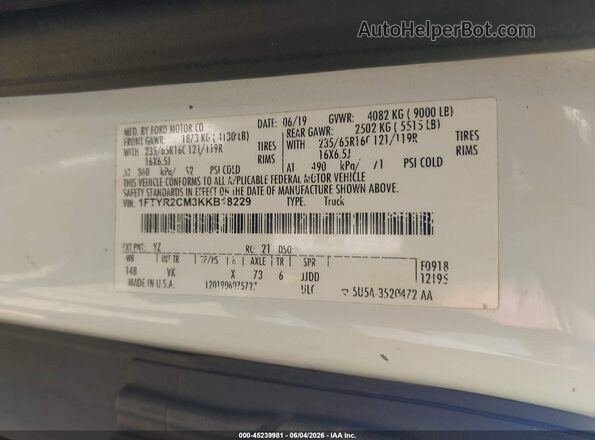 1FTYR2CM3KKB18229 2019 FORD TRANSIT-250 Белый Вид подкапотного пространства