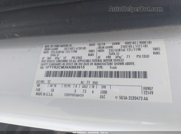 1FTYR2CM3KKB83615 2019 FORD TRANSIT-250 White Вид підкапотного простору