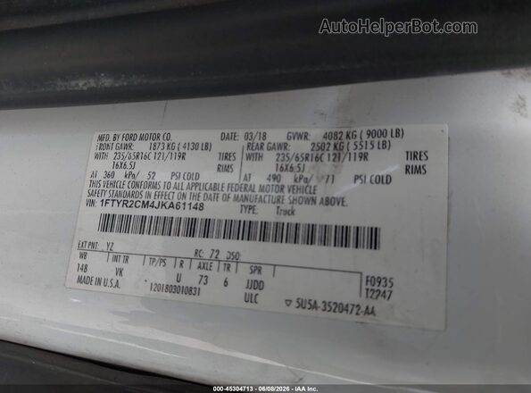 1FTYR2CM4JKA61148 2018 FORD TRANSIT-250 White ძრავის განყოფილების ხედი