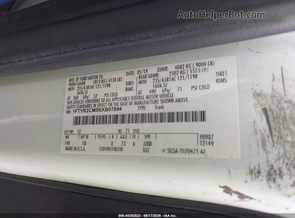 1FTYR2CM5KKB07894 2019 FORD TRANSIT-250 White ძრავის განყოფილების ხედი
