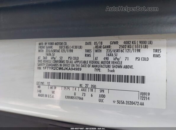 1FTYR2CM6JKA94989 2018 FORD TRANSIT-250 White Շարժիչի բաժամունքի տեսք