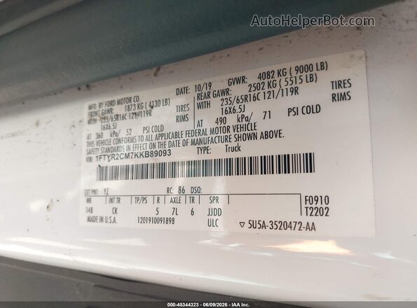 1FTYR2CM7KKB89093 2019 FORD TRANSIT-250 White Engine compartment view