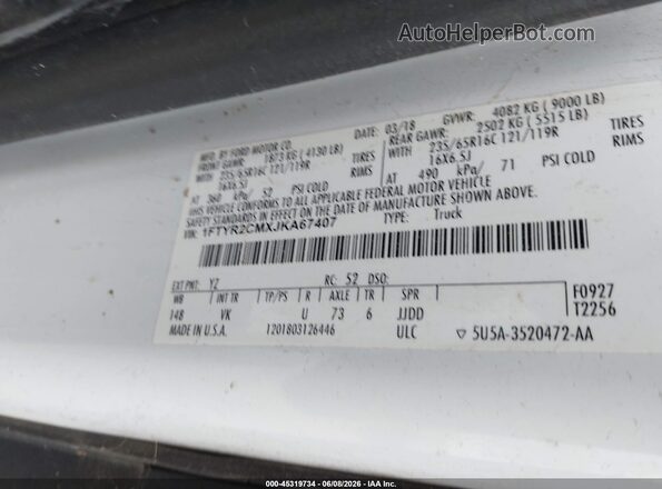 1FTYR2CMXJKA67407 2018 FORD TRANSIT-250 White Vista del compartimento del motor