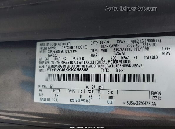 1FTYR2CMXKKA58868 2019 FORD TRANSIT-250 Gray Engine compartment view