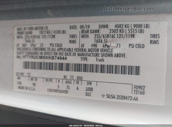 1FTYR2CMXKKB74944 2019 FORD TRANSIT-250 White Вид підкапотного простору
