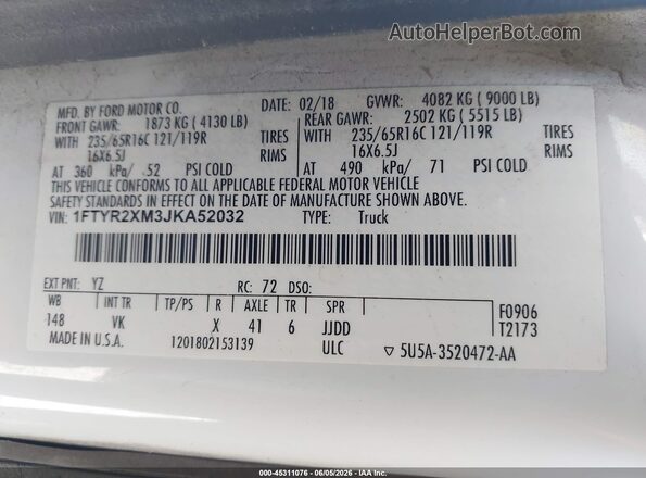 1FTYR2XM3JKA52032 2018 FORD TRANSIT-250 White Շարժիչի բաժամունքի տեսք
