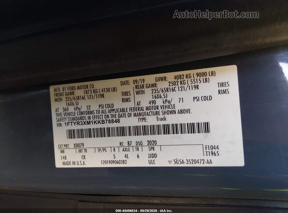 1FTYR3XM1KKB78848 2019 FORD TRANSIT-250 Blue Widok komory silnika