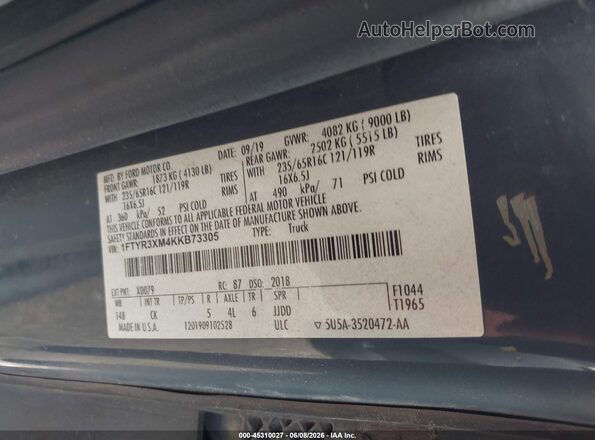 1FTYR3XM4KKB73305 2019 FORD TRANSIT-250 Blue Շարժիչի բաժամունքի տեսք