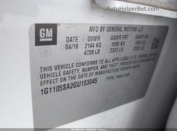 1G1105SA2GU153045 2016 CHEVROLET IMPALA Белый Вид подкапотного пространства