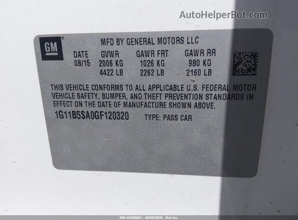 1G11B5SA0GF120320 2016 CHEVROLET MALIBU White ძრავის განყოფილების ხედი