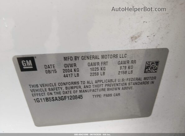 1G11B5SA3GF120845 2016 CHEVROLET MALIBU Белый Вид подкапотного пространства