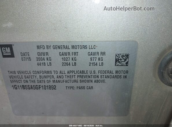 1G11B5SA5GF101892 2016 CHEVROLET MALIBU Beige Widok komory silnika
