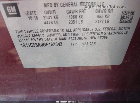 1G11C5SA0GF163343 2016 CHEVROLET MALIBU Burgundy Շարժիչի բաժամունքի տեսք