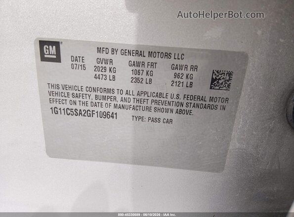 1G11C5SA2GF109641 2016 CHEVROLET MALIBU Silver Вид підкапотного простору