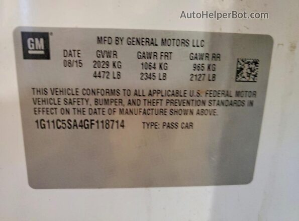 1G11C5SA4GF118714 2016 CHEVROLET MALIBU White Vista de la etiqueta del VIN