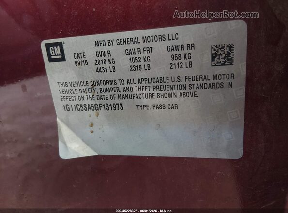 1G11C5SA5GF131973 2016 CHEVROLET MALIBU Red 