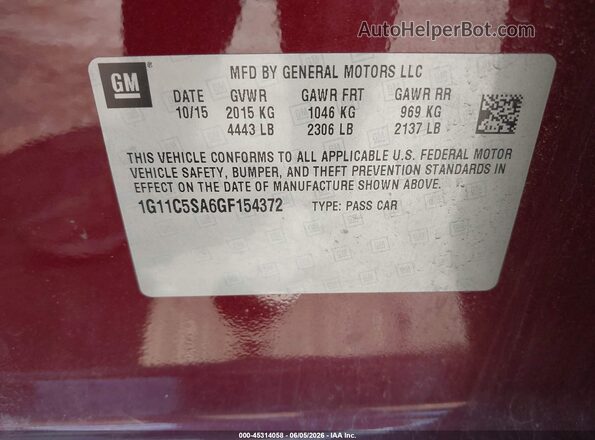 1G11C5SA6GF154372 2016 CHEVROLET MALIBU Burgundy Engine compartment view