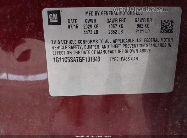 1G11C5SA7GF101843 2016 CHEVROLET MALIBU Red ძრავის განყოფილების ხედი