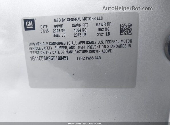 1G11C5SA9GF109457 2016 CHEVROLET MALIBU Silver 