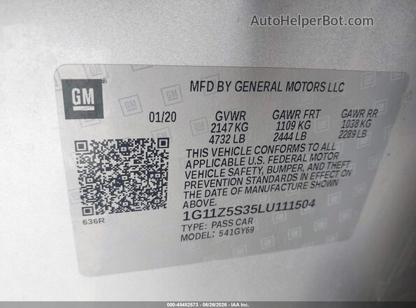 1G11Z5S35LU111504 2020 CHEVROLET IMPALA Silver Engine compartment view