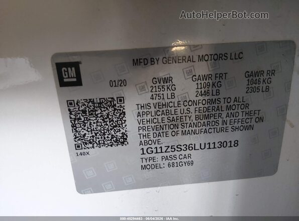 1G11Z5S36LU113018 2020 CHEVROLET IMPALA White Շարժիչի բաժամունքի տեսք