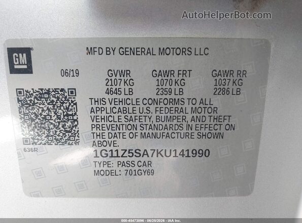 1G11Z5SA7KU141990 2019 CHEVROLET IMPALA Серебряный Вид подкапотного пространства