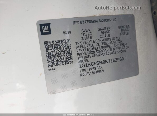 1G1BC5SM0K7152960 2019 CHEVROLET CRUZE White Widok komory silnika