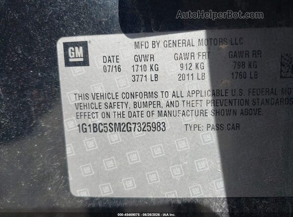 1G1BC5SM2G7325983 2016 CHEVROLET CRUZE Черный Вид подкапотного пространства