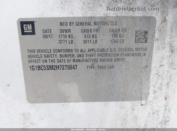 1G1BC5SM2H7279847 2017 CHEVROLET CRUZE White Vista del compartimento del motor