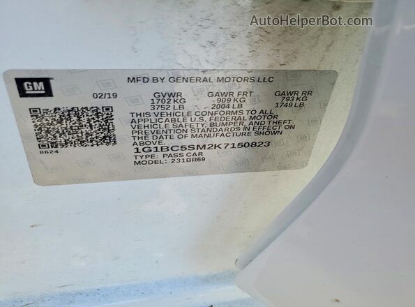 1G1BC5SM2K7150823 2019 CHEVROLET CRUZE White VIN კოდის სტიკერის ხედი