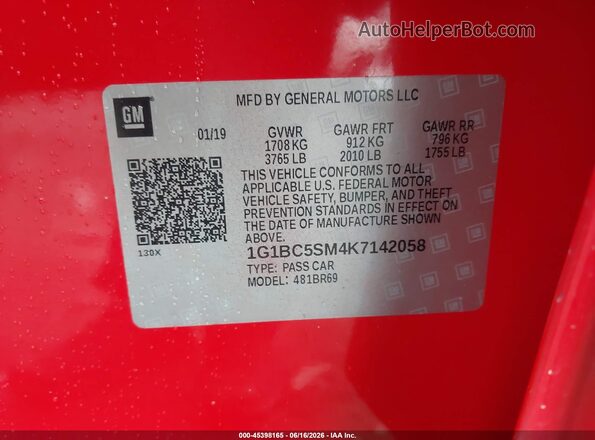 1G1BC5SM4K7142058 2019 CHEVROLET CRUZE Red Vista del compartimento del motor