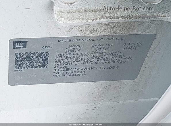 1G1BC5SM4K7150094 2019 CHEVROLET CRUZE White Շարժիչի բաժամունքի տեսք