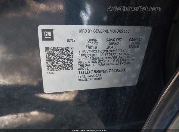 1G1BC5SM6K7149383 2019 CHEVROLET CRUZE Black ძრავის განყოფილების ხედი