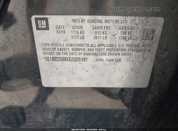 1G1BC5SMXG7255181 2016 CHEVROLET CRUZE Black Engine compartment view