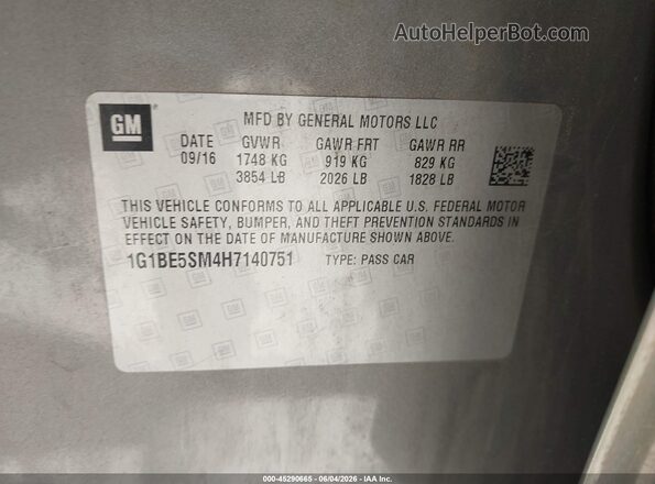 1G1BE5SM4H7140751 2017 CHEVROLET CRUZE Silver Շարժիչի բաժամունքի տեսք