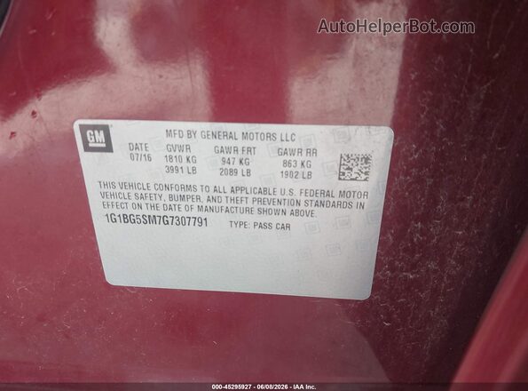 1G1BG5SM7G7307791 2016 CHEVROLET CRUZE Red Vista del compartimento del motor