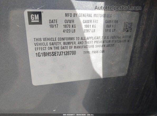 1G1BH5SE7J7128700 2018 CHEVROLET CRUZE Gray Շարժիչի բաժամունքի տեսք