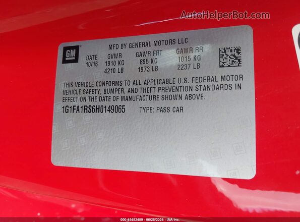 1G1FA1RS6H0149065 2017 CHEVROLET CAMARO Red Շարժիչի բաժամունքի տեսք