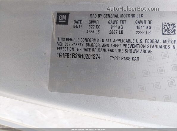 1G1FB1RS6H0201274 2017 CHEVROLET CAMARO Silver ძრავის განყოფილების ხედი
