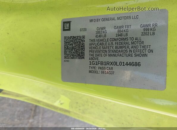 1G1FB1RX0L0144686 2020 CHEVROLET CAMARO Желтый Вид подкапотного пространства