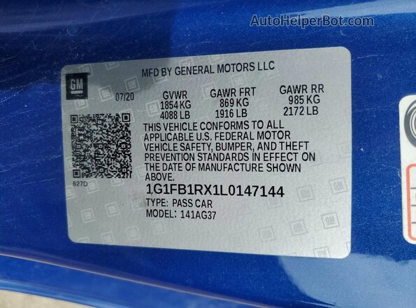 1G1FB1RX1L0147144 2020 CHEVROLET CAMARO Blue Vista del compartimento del motor