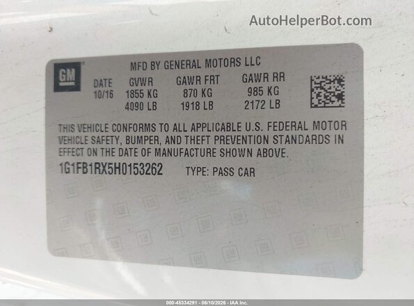 1G1FB1RX5H0153262 2017 CHEVROLET CAMARO White Widok komory silnika