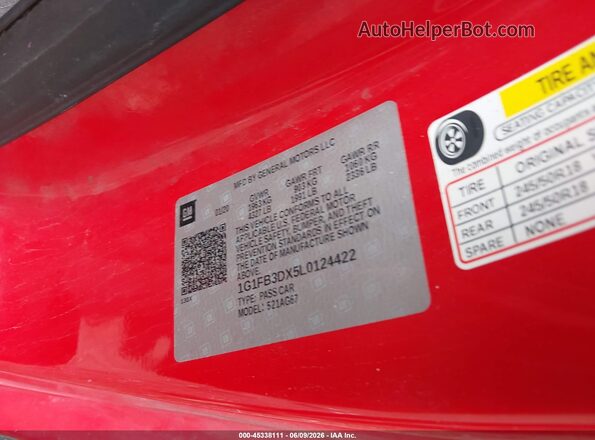 1G1FB3DX5L0124422 2020 CHEVROLET CAMARO Красный Вид подкапотного пространства