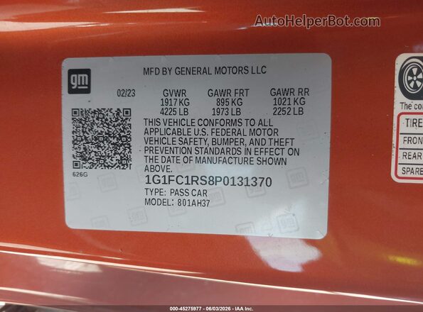 1G1FC1RS8P0131370 2023 CHEVROLET CAMARO Orange ძრავის განყოფილების ხედი