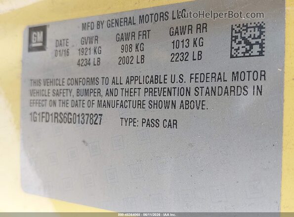 1G1FD1RS6G0137827 2016 CHEVROLET CAMARO Yellow Vista del compartimento del motor